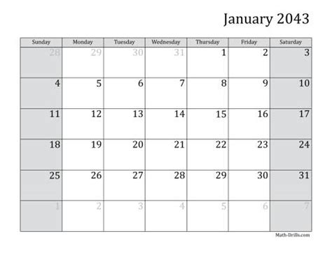 2043 Monthly Calendar