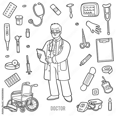 Vector Set With Doctor And Medical Objects Black And White Items Stock