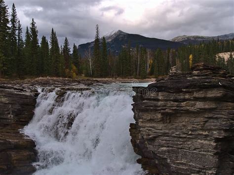 View Of Furious Waterfall Athabasca Falls In Jasper National Park