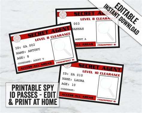 Printable Secret Agent Id Passes Editable Spy Party Etsy Uk