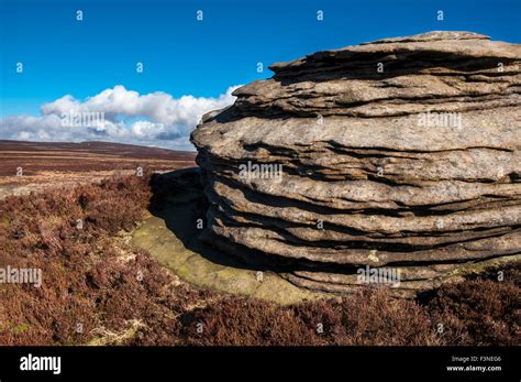 Gritstone Outcrop With Layers Of Rock On A Moorland Landscape At
