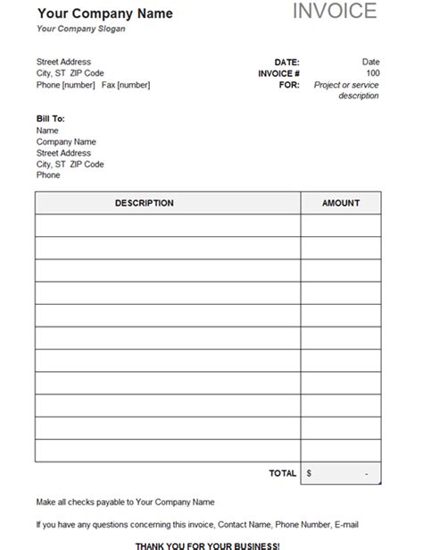 Blank Invoice Template Excel Format Download Bonsai