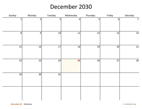 December 2030 Calendar With Bigger Boxes