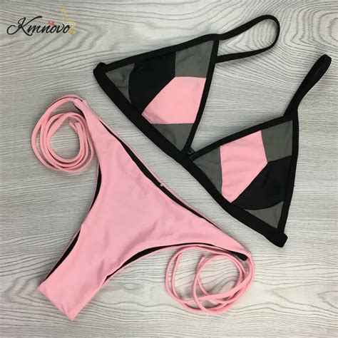 Kmnovo Brand 2017 Sexy Patchwork Bikin Pink Swimsuit Swimwear Women Bottom Bandage Bikinis Set