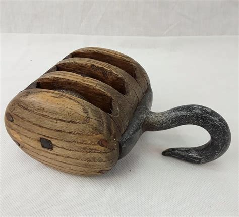 Vintage Oak And Steel Ships Triple Pulley Block - Sally Antiques