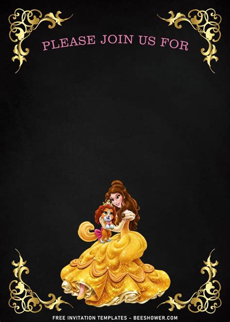 8 Beautiful Princess Belle Themed Girls Birthday Invitation Templates