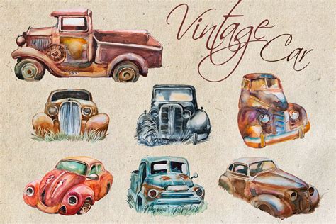 Watercolor Vintage Car Clipart Set Custom Designed Illustrations