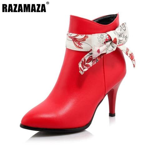 Razamaza Size 32 43 Sexy Lady Ankel High Heel Boots Bowtie Flower Thin Heel Boots Print Zipper