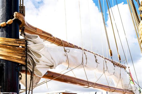 Detail Of Mast Of Ship Detailed Rigging With Sails Vintage Sailing