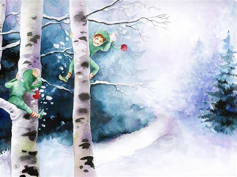 Kostenlos desktopbilder hintergrundbilder 3d und bildschirmhintergruende. Grüne Koboldkinder spielen Schneeball - Wintermärchen ...