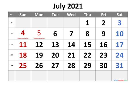 Free Printable July 2021 Calendar With Holidays
