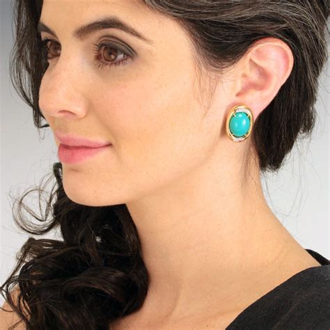 Persian Cabochon Turquoise Diamond Gold Earrings At 1stDibs