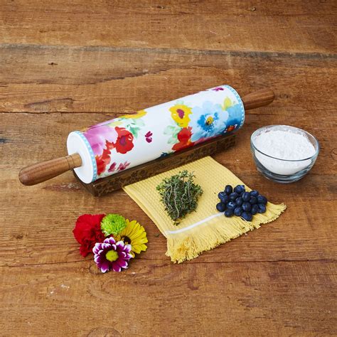The Pioneer Woman Ceramic Rolling Pin With Acacia Wood Handles And Base