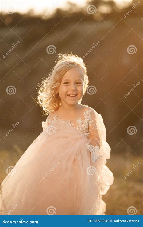 Portrait Of A Beautiful Little Princess Girl In A Pink Dress Posing In