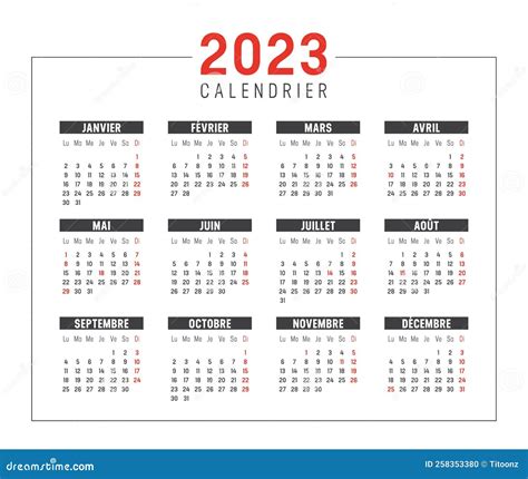 Ano 2023 Calendário Francês Ilustração Do Vetor Ilustração De Semana