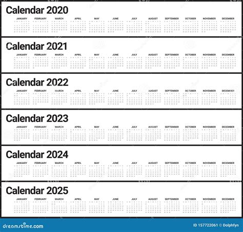 Year 2020 2021 2022 2023 2024 2025 Calendar Vector Design Template