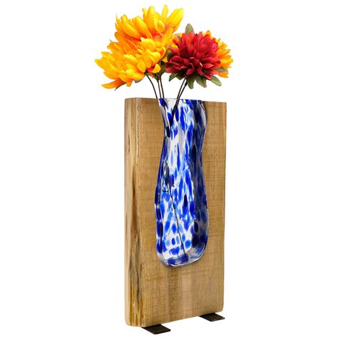 Excello Global Products Blue Stained Glass And Wood Vase Rustic Flower Vase Decorative