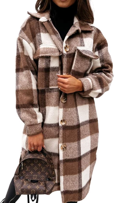 Frobukio Womens Casual Plaid Wool Blend Overcoat Button Down Long Sleeve Shirt Jacket Shackets