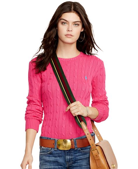 Polo Ralph Lauren Crew Neck Cable Knit Sweater In Pink Lyst