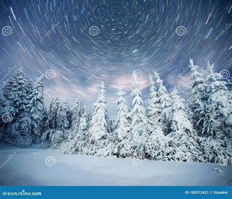 Starry Sky In Winter Snowy Night Fantastic Milky Way In The New Year S
