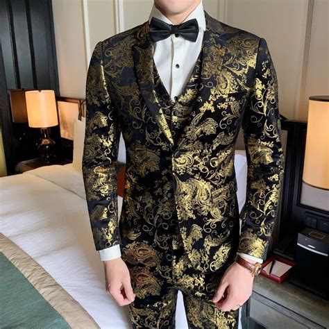 Men Gold Suit 2 3pc Gold Black Floral Suit Formal Wedding Available