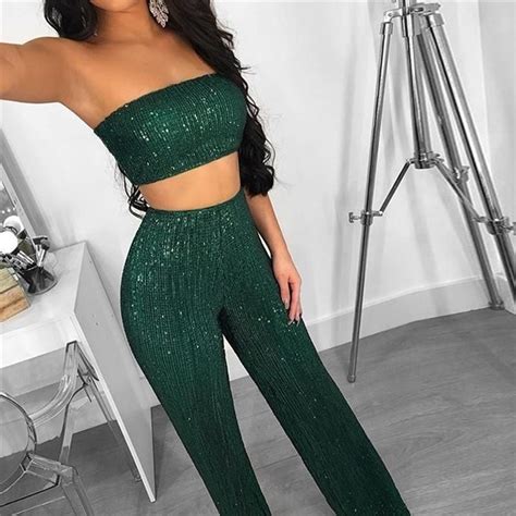 Two Piece Sequin Strapless Sleeveless Top And Glitter Elastic Waist