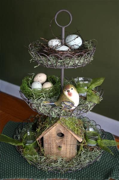 cute spring centerpiece  tiered wire  birdhouse