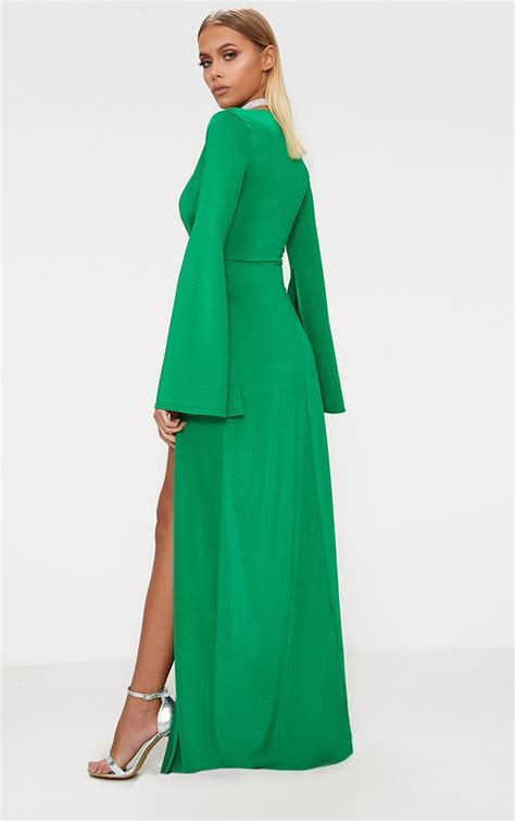 Emerald Green Plunge Extreme Double Split Long Sleeve Maxi