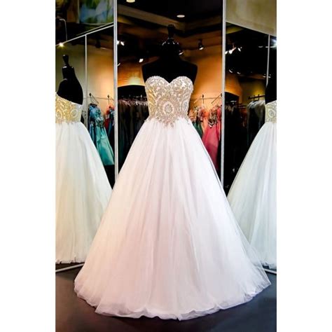 Ball Gown Sweetheart White Tulle Gold Lace Applique Prom Dress