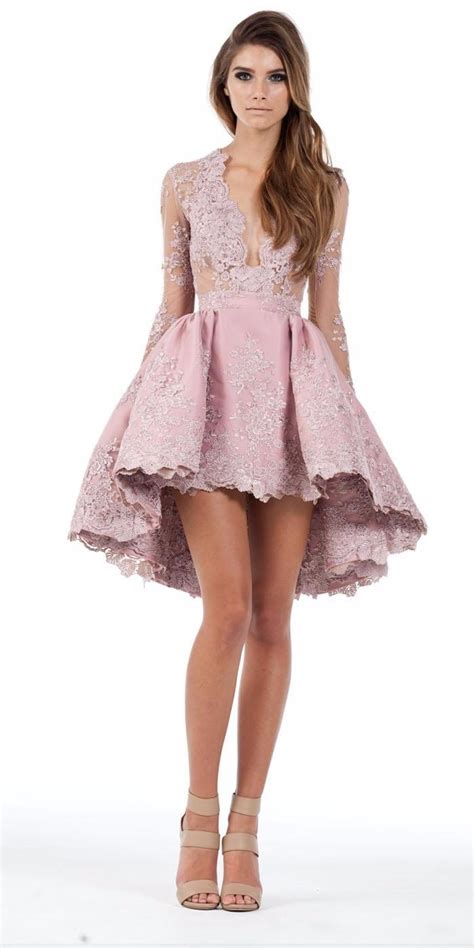 Sexy V Neck Long Sleeves Short Prom Dresses For Teens Pink Lace