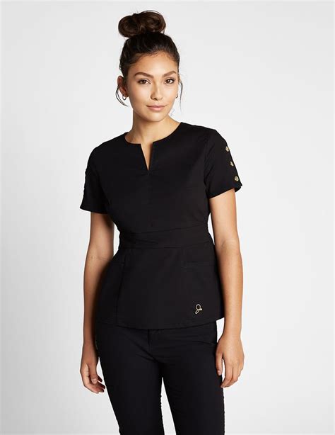 The Button Sleeve Top Black Stylish Scrubs Medical Scrubs Outfit