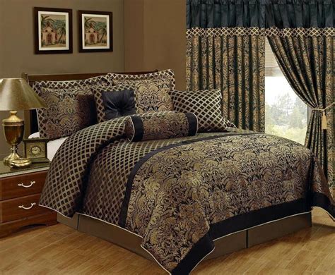 Queen Cal King Bed Black Gold Floral Damask Lattice 7 Pc Comforter Set