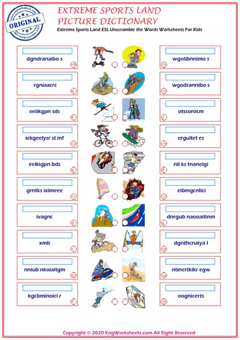 Extreme Sports Land Printable English Esl Vocabulary Worksheets