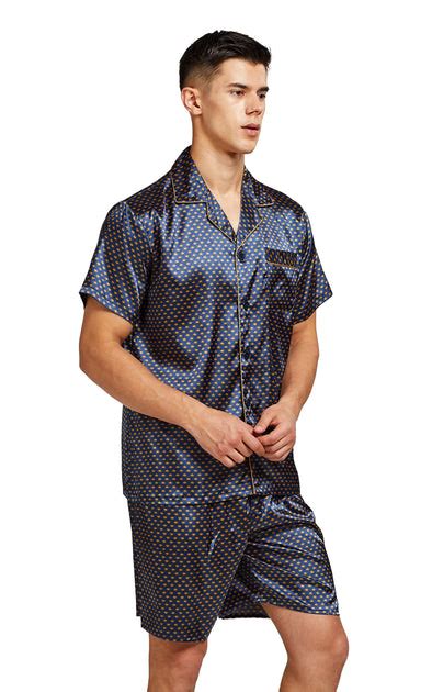 Mens Silk Satin Pajama Set Short Sleeve Navy And Golden Diamond Squre