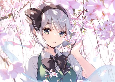 Bow Cherry Blossoms Close Flowers Gray Hair Green Eyes Headband Ke Ta