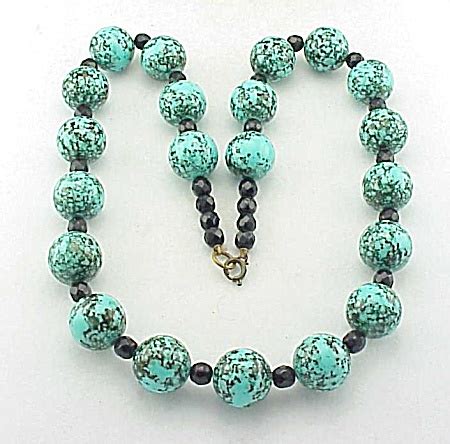 Vintage Turquoise Lucite Bead And Black Glass Bead Necklace Costume