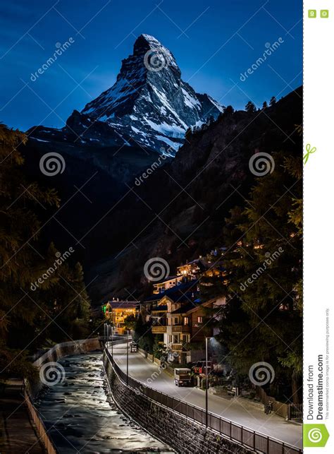 Night Photo Of Zermatt City And Matterhorn Stock Image Image Of City