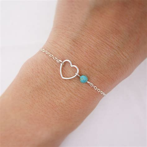 Silver Heart Bracelet With Real Turquoise Bead Sterling Silver Open
