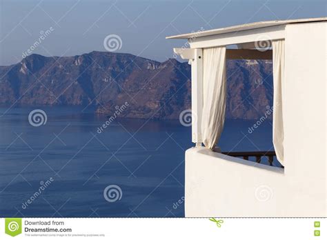 Balcony In Oia With View On Caldera Stock Image Image Of Whitewashed