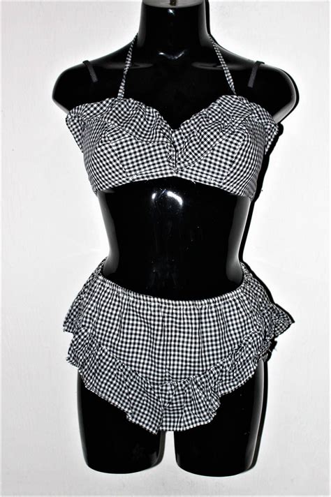 1950s Cotton Ginham Bikini Romper Ruffles Black And White Swimsuit