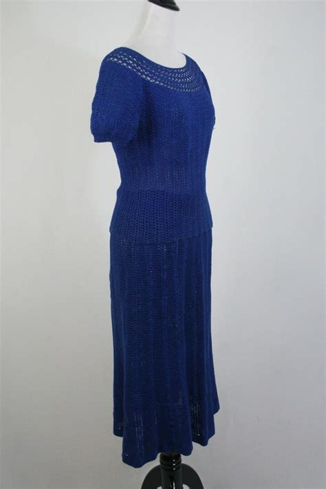 Vintage 1930s Crocheted Royal Blue Skirt And Blouse S Gem