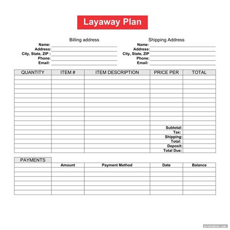 Layaway Contract Template Printable