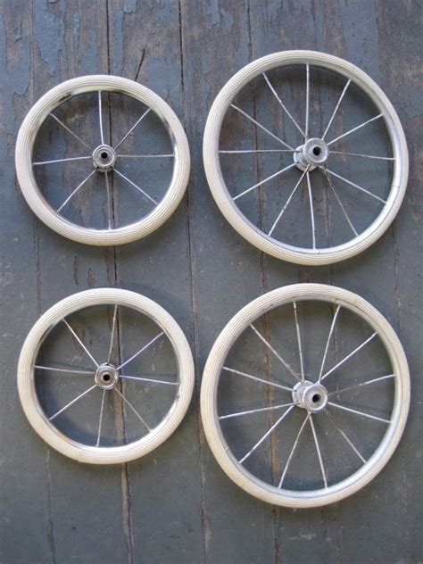 4 Vintage Baby Buggy Wheels Metal Rim White Rubber Garden Cart Wheels