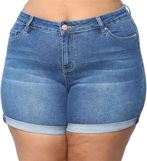 Buyao Womens Plus Size Denim Shorts Stretch Distressed Ripped Blue Denim Jeans Shorts L Xl