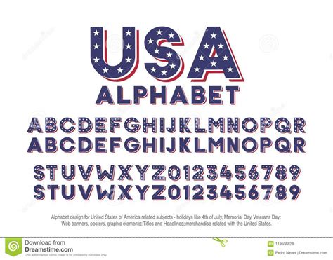 American Alphabet With Usa Flag Colors And Star Shapes Vector Font For