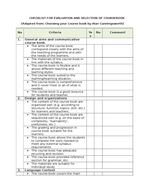 Checklist for Evaluation and Selection of Coursebook | Textbook | Learning Styles