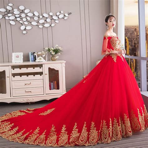 Chinese style Red Wedding Dresses 2019 Ball Gown Off-The-Shoulder Gold