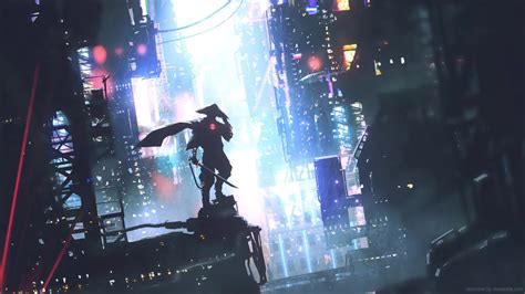 Cyberpunk Samurai In Futuristic City Live Wallpaper Moewalls