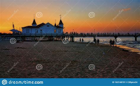 Sunset Along The Ahlbeck Pier On The Island Of Usedom Germany Stock Image Image Of Sunset