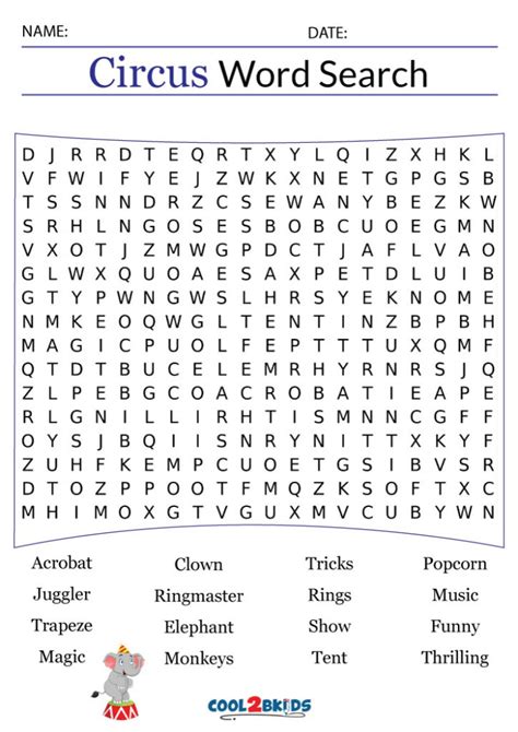 Printable Circus Word Search Cool2bkids